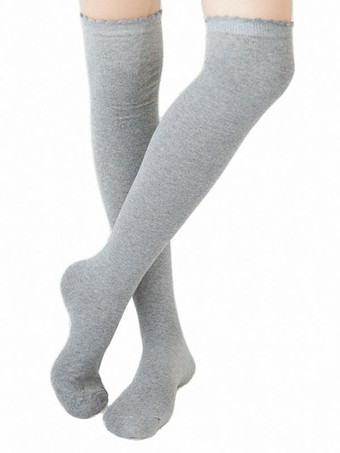 ライトグレー ロリィタ靴下 ニーハイソックス ロリィタアクセサリー コットン 無地　クラシック＆トラディション