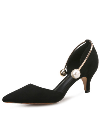 ブラック パンプス ポインテッドトゥ ミッドローヒールシューズ キトンヒール 5.5cm グリーン シューズ マイクロスエード パール 無地 スリップオン パンプス 外出 レディース靴