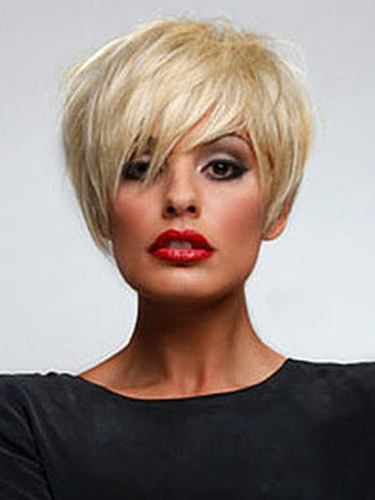 Schönheit Make-up Blonde Menschliches Haar Perücke 2024 für Damen geschichtet gerade kurze natürliche Perücke Echthaar