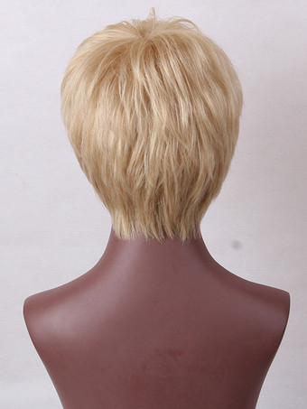 人毛ウィッグ　自然なウィッグ　レディースウィッグ　ゴールド　ショートヘア　シック＆モダン　アウトドア　