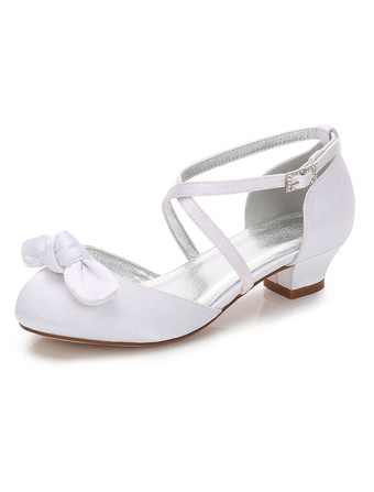 ホワイト 子供フォーマルシューズ　リボン　エレガント　ガールズ用ウェディングパーティー　シルクとサテン　丸いつま先　