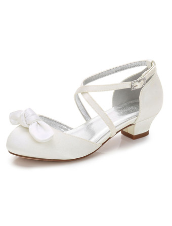 Белая девушка Обувь Свадебные цветы Обувь Круглый Toe Bow Criss Cross Girls Party Shoes