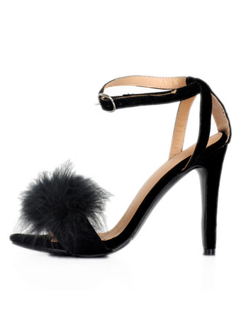 サンダル　ブラック　オープントゥ　スティレットヒール　シック＆モダン　フェイクファー　外出　フェイクスエード　無地　