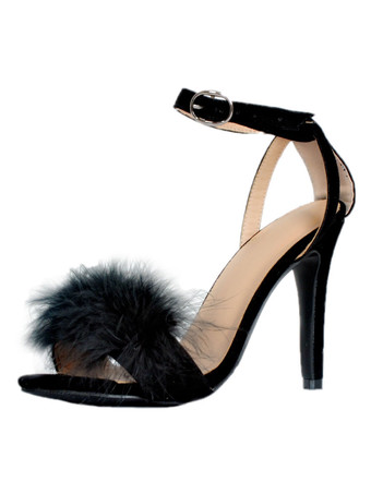 サンダル　ブラック　オープントゥ　スティレットヒール　シック＆モダン　フェイクファー　外出　フェイクスエード　無地　