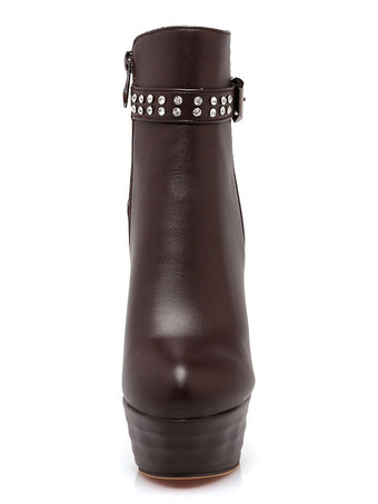 ショートブーツ ラウンドトゥ ブラウン ブーティ レディースブーツ ピンヒール ラインストーン 13.5cm PU ジッパー 無地 カジュアル レディース靴 シューズ