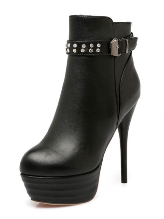 ブラック ショートブーツ ラウンドトゥ ブラウン ブーティ レディースブーツ ピンヒール ラインストーン 13.5cm PU ジッパー 無地 カジュアル レディース靴 シューズ