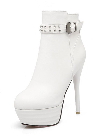 ホワイト ショートブーツ ラウンドトゥ ブラウン ブーティ レディースブーツ ピンヒール ラインストーン 13.5cm PU ジッパー 無地 カジュアル レディース靴 シューズ