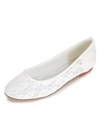 ホワイト ウェディングシューズ レース ラウンドトゥ スリップオンパンプス　フラットブライダルシューズ アイボリー