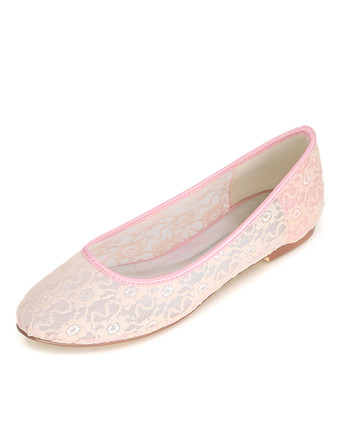 ピンク ウェディングシューズ レース ラウンドトゥ スリップオンパンプス　フラットブライダルシューズ アイボリー