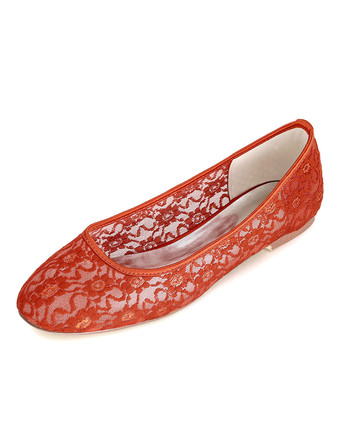 レッド ウェディングシューズ レース ラウンドトゥ スリップオンパンプス　フラットブライダルシューズ アイボリー