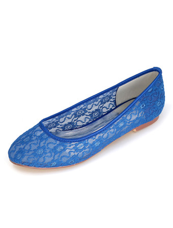 ブルー ウェディングシューズ レース ラウンドトゥ スリップオンパンプス　フラットブライダルシューズ アイボリー