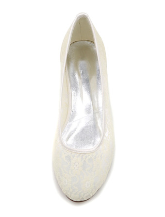 ウェディングシューズ レース ラウンドトゥ スリップオンパンプス　フラットブライダルシューズ アイボリー