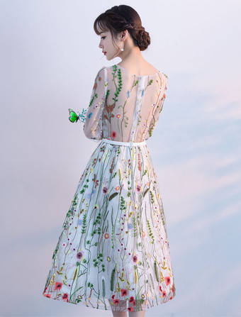 パーティードレス　アイボリー　Aライン　ラウンドネック　ひざ下　五分袖　レース　ファスナー　