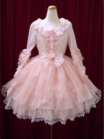 Vestido lolita doce OP rosa arco manga hime vestido de baile lolita uma peça