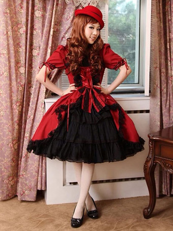 Lolitashow Burgundy Layered Cotton Gothic Lolita Dress for Women