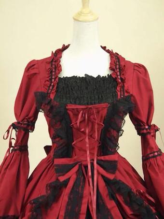 Lolitashow Burgundy Layered Cotton Gothic Lolita Dress for Women 