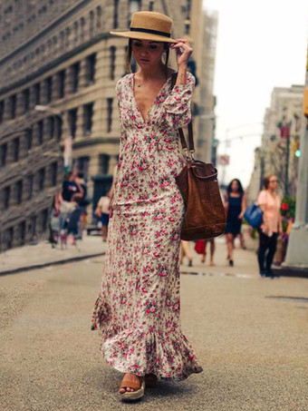 マキシワンピース プリント柄 長袖 プリーツあり Vネック 綿混紡 レディースロングワンピース