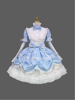 Lolitashow Sweet Lolita Dress OP Light Blue Bow Short Sleeve Lolita One Piece Dress