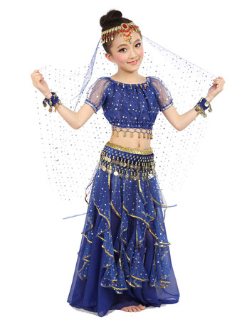 ロイヤルブルーベリーダンス衣装 コスチューム イエロー シフォン アラビアン 衣装ノースリー ブインド ボリウッドダンスコスチューム