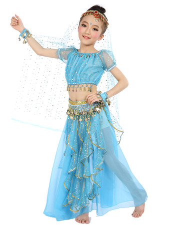 ライトスカイブルーベリーダンス衣装 コスチューム イエロー シフォン アラビアン 衣装ノースリー ブインド ボリウッドダンスコスチューム