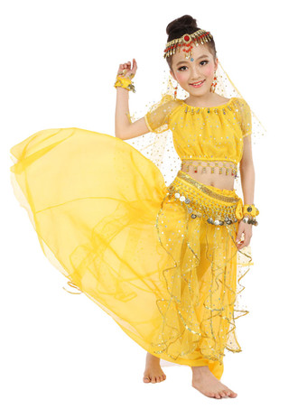 イエローベリーダンス衣装 コスチューム イエロー シフォン アラビアン 衣装ノースリー ブインド ボリウッドダンスコスチューム