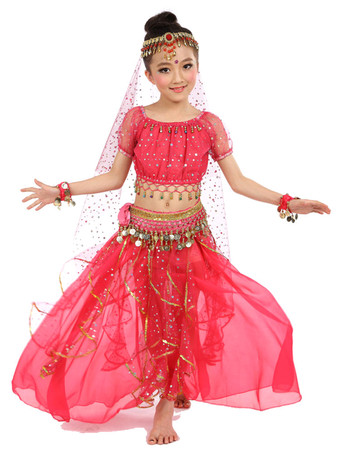 ローズレッドベリーダンス衣装 コスチューム イエロー シフォン アラビアン 衣装ノースリー ブインド ボリウッドダンスコスチューム