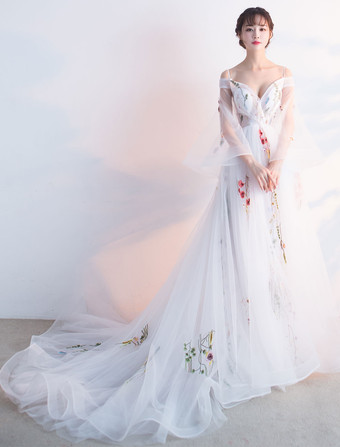 Vestidos de fiesta largos Vestido del desfile de muchachas Con cola de encaje De banda de encaje con 3/4 manga de línea A con cuello en V de tul