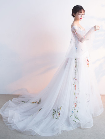 Vestidos de fiesta largos Vestido del desfile de muchachas Con cola de encaje De banda de encaje con 3/4 manga de línea A con cuello en V de tul