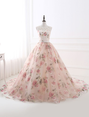 パーティードレス　ライトピンク　Aライン　ノースリーブ　スクープネック　レースアップ　トレーン付き　