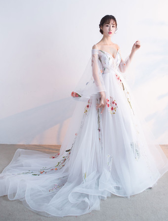 Vestidos de fiesta largos Vestido del desfile de muchachas Con cola de encaje De banda de encaje con 3/4 manga de línea A con cuello en V de tul