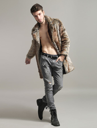 メンズファッション　上着　コート/ジャケット　フェイクファー　シック＆モダン　外出　折り襟　無地　プラスサイズ　