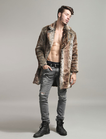 メンズファッション　上着　コート/ジャケット　フェイクファー　シック＆モダン　外出　折り襟　無地　プラスサイズ　