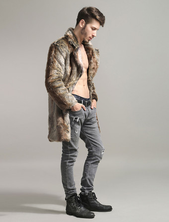 メンズファッション　上着　コート/ジャケット　フェイクファー　シック＆モダン　外出　折り襟　無地　プラスサイズ　