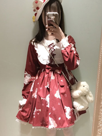 Sweet Lolita Dress OP Musical Rabbit Burgundy Lolita Dress Lace Up Impreso manga larga Flare Dress para Lolita
