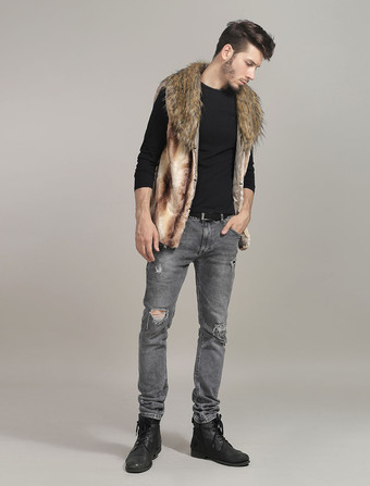 メンズファッション　ジャケット　カーキ　折り襟　ファー　カジュアル　ノースリーブ　男性用　高貴&贅沢　