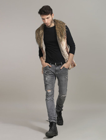 メンズファッション　ジャケット　カーキ　折り襟　ファー　カジュアル　ノースリーブ　男性用　高貴&贅沢　