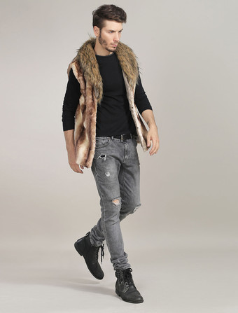 カーキ メンズファッション　ジャケット　カーキ　折り襟　ファー　カジュアル　ノースリーブ　男性用　高貴&贅沢　