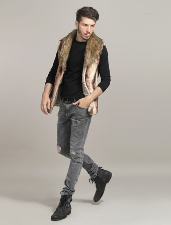 メンズファッション　ジャケット　カーキ　折り襟　ファー　カジュアル　ノースリーブ　男性用　高貴&贅沢　