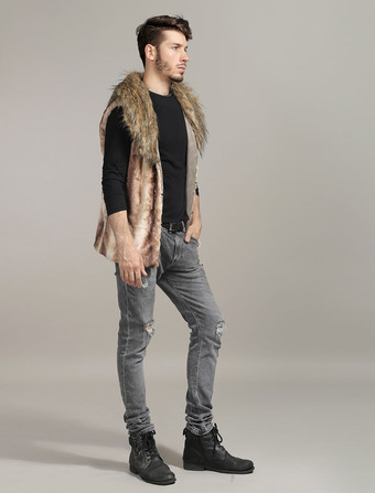 メンズファッション　ジャケット　カーキ　折り襟　ファー　カジュアル　ノースリーブ　男性用　高貴&贅沢　