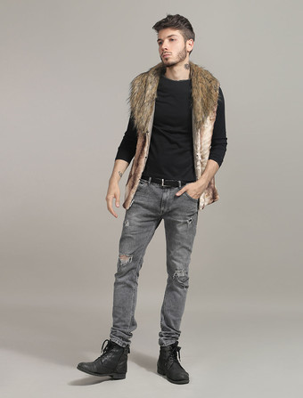 メンズファッション　ジャケット　カーキ　折り襟　ファー　カジュアル　ノースリーブ　男性用　高貴&贅沢　