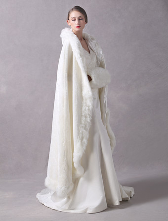フェイクファージャケット　2025　ウェディングロングブライダルケープマント　フート付き　アイボリー冬ラップコート　　