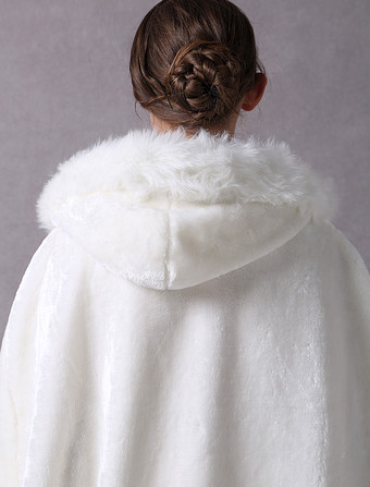 フェイクファージャケット　2025　ウェディングロングブライダルケープマント　フート付き　アイボリー冬ラップコート　　