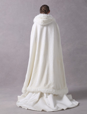 フェイクファージャケット　2025　ウェディングロングブライダルケープマント　フート付き　アイボリー冬ラップコート　　