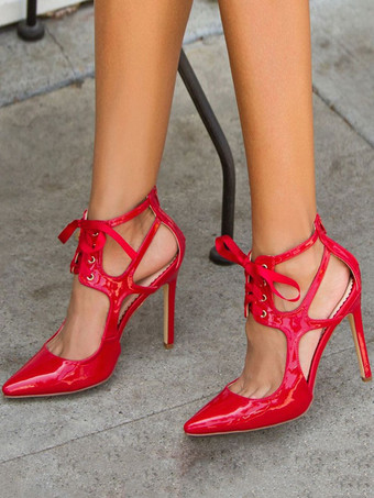 レッド ハイヒール ポインテッドトゥ パンプス 靴の甲の素材：パテント PU ブラック 10cm レースアップ ピンヒール シューズ 無地 ハイヒールシューズ 結婚式 二次会 通勤用 仕事 キャバ 卒園式 卒園式 レディース靴