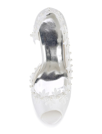 アイボリー　ウェディングシューズ　シルク　ピープトウ　レース　ブライダルシューズ　レディースハイヒール