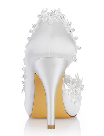 アイボリー　ウェディングシューズ　シルク　ピープトウ　レース　ブライダルシューズ　レディースハイヒール