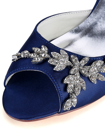 ウェディングシューズ　ディープブルー　ピープトゥ　スティレットヒール　ラインストーン　高貴&贅沢　ウェディングパーティー　フェイクシルク　