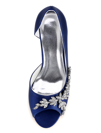 ウェディングシューズ　ディープブルー　ピープトゥ　スティレットヒール　ラインストーン　高貴&贅沢　ウェディングパーティー　フェイクシルク　