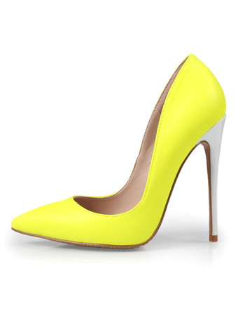 イエローハイヒール ポインテッドトゥ パンプス PU イエロー 10cm セクシーハイヒール スリップオン ピンヒール シューズ バイカラー 結婚式 二次会 通勤用 仕事 キャバ 卒園式 卒園式 ハイヒールシューズ レディース靴