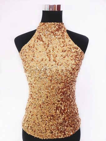 ゴールド ダンス衣装　ラテンダンス　ラテンダンサー　女性用　大人用　ライクラ・スパンデックス　パフォーマンス　無地　ベスト　